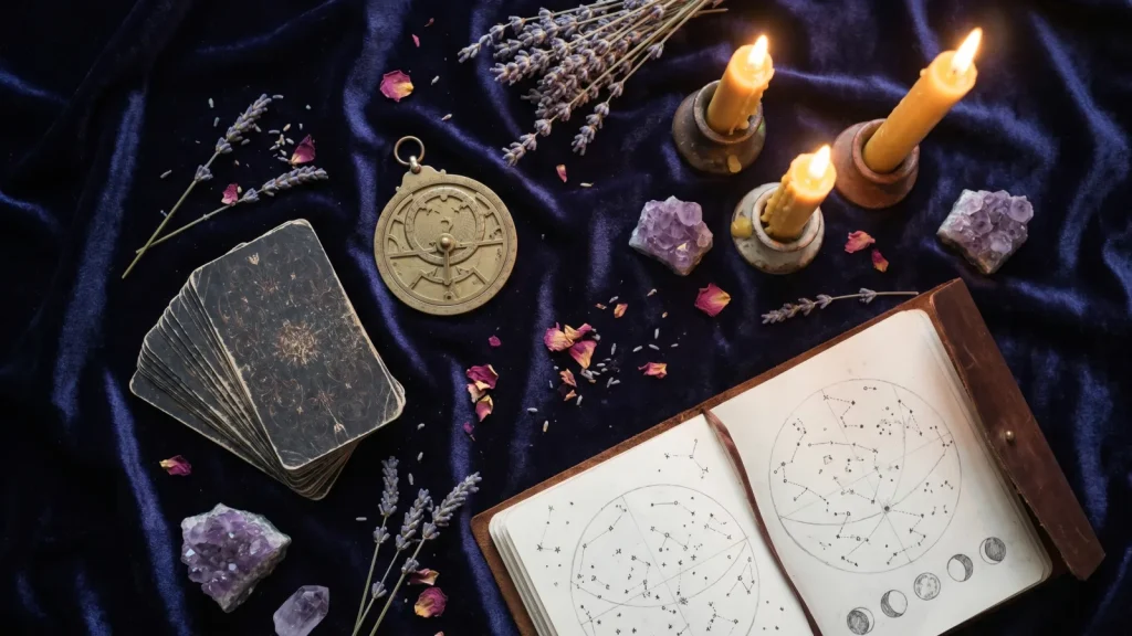 Cartes de tarot et symboles astrologiques, ambiance douce