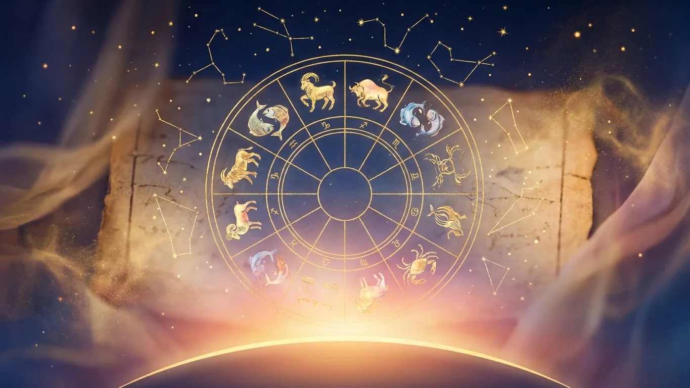 Roue du zodiaque et carte du ciel symbolisant l'ascendant astrologique
