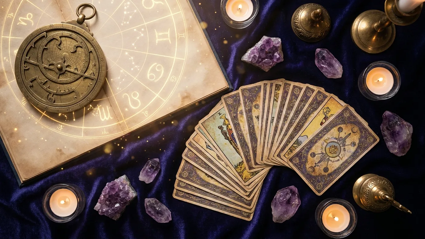 Cartes de tarot et theme astral, ambiance esoterique douce