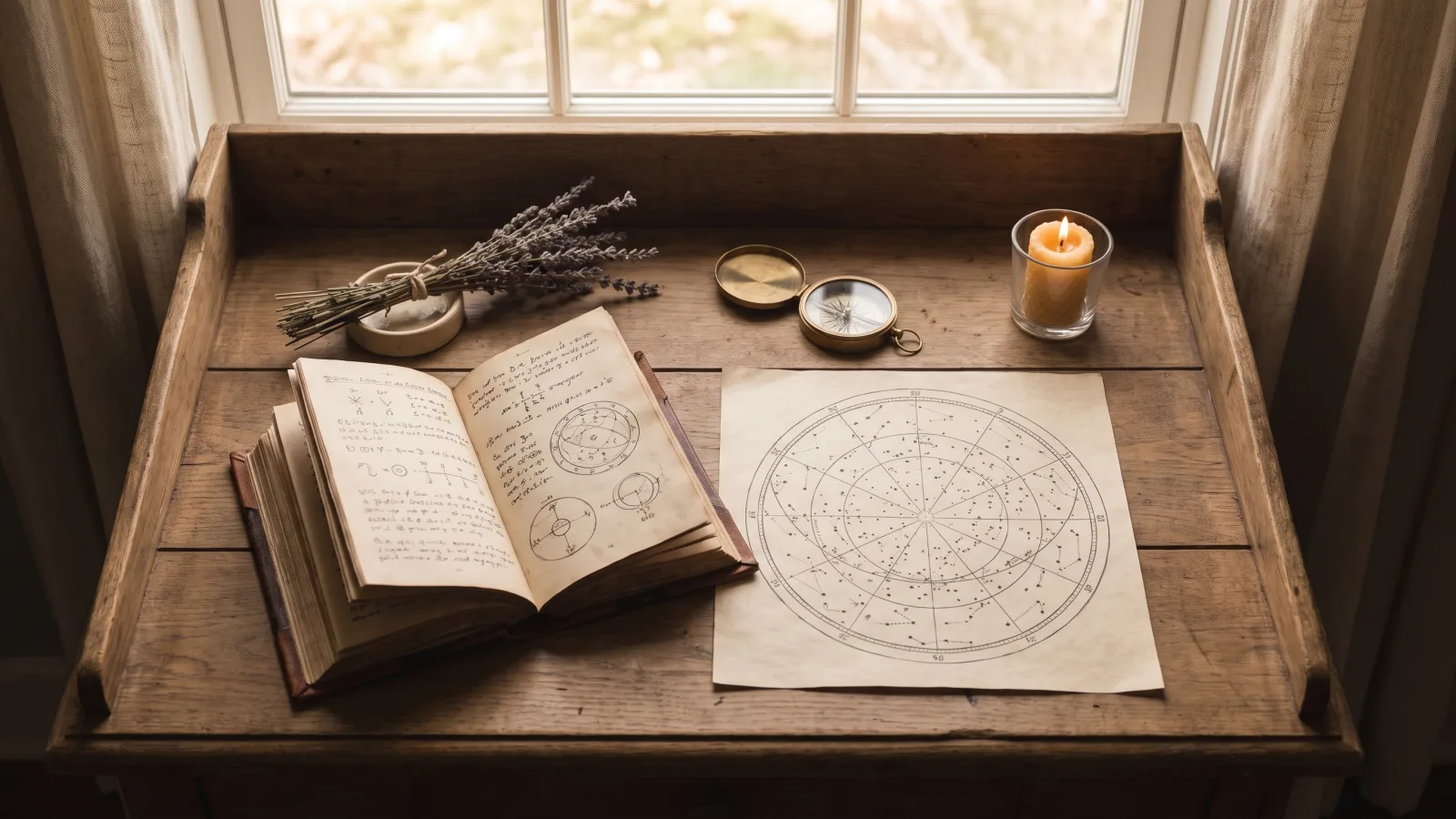 Éphémérides et carte du ciel dessinée sur un bureau