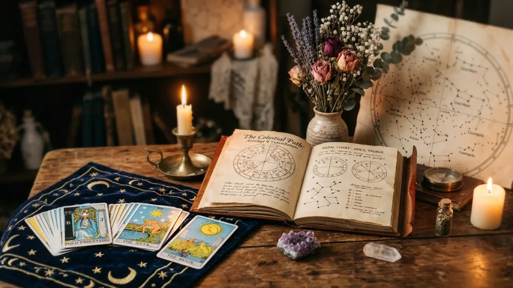Cartes de tarot et carte du ciel dans une ambiance ésotérique