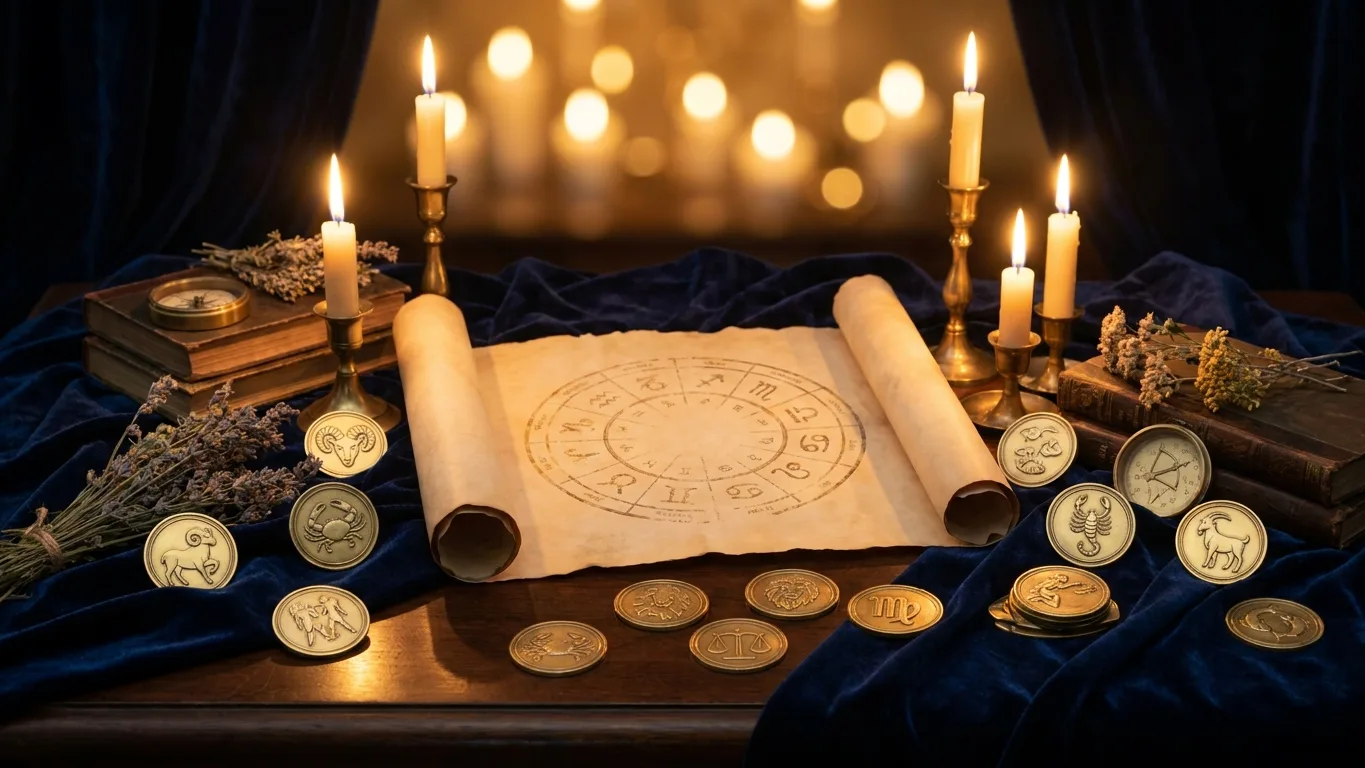 Roue du zodiaque et symboles astrologiques sur parchemin, ambiance ésotérique