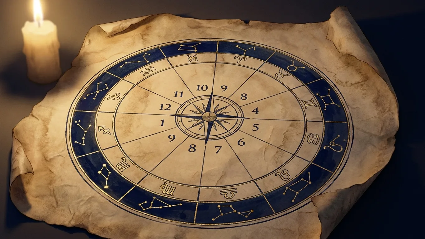 Roue d'un thème astral divisée en douze maisons astrologiques
