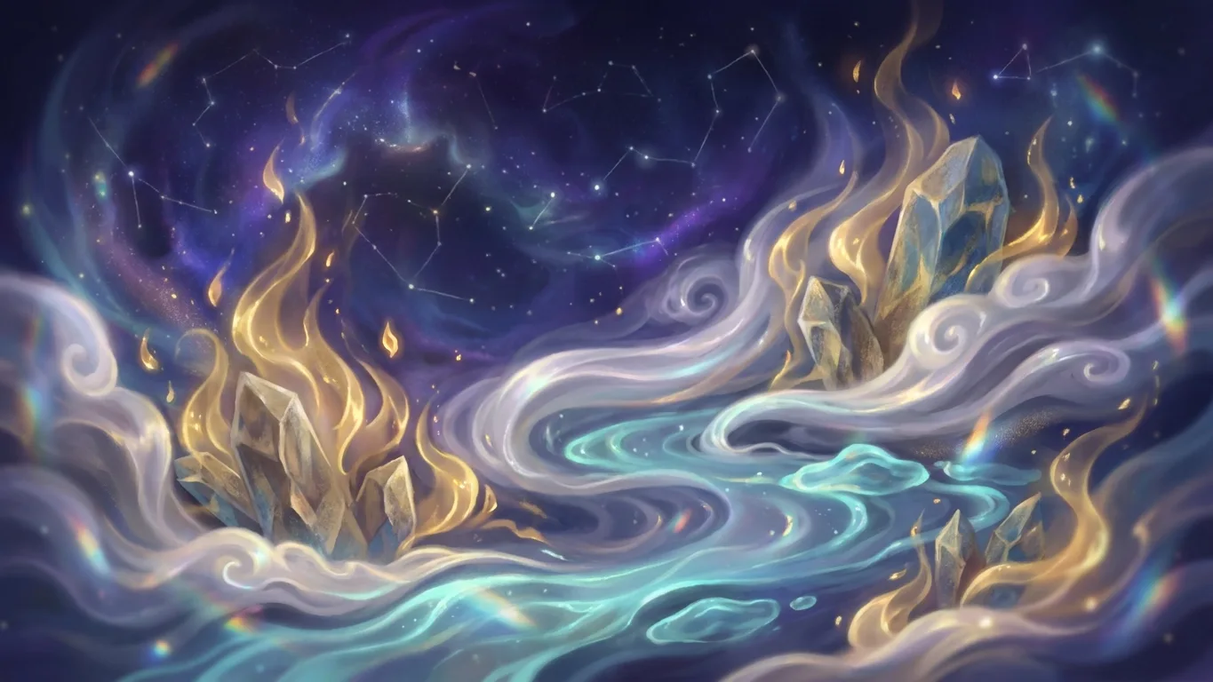 Ciel étoilé et symboles des quatre éléments astrologiques feu terre air eau