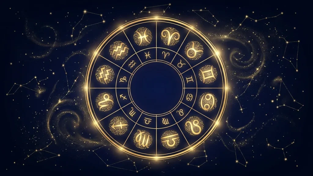 Roue des 12 signes du zodiaque sur un ciel étoilé