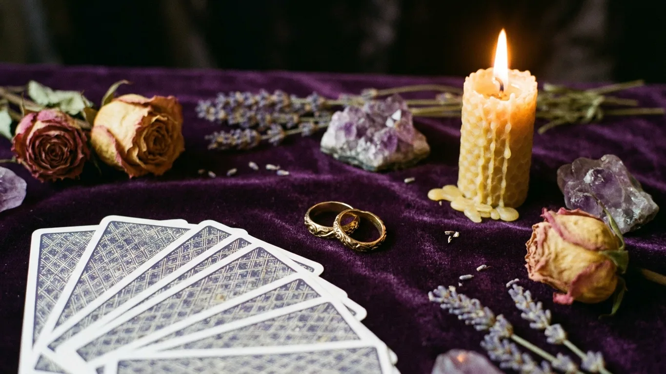 Cartes de tarot, anneaux dorés et cristaux d'améthyste, ambiance romantique ésotérique