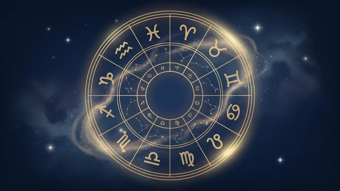 Roue d’un thème astral avec symboles du zodiaque