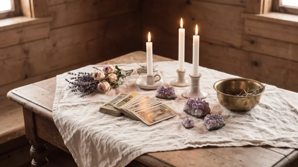 Cartes de tarot, bougies et cristaux