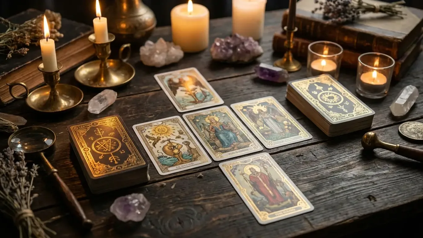 Jeu de cartes de tarot disposé sur une table en bois à la lueur des bougies