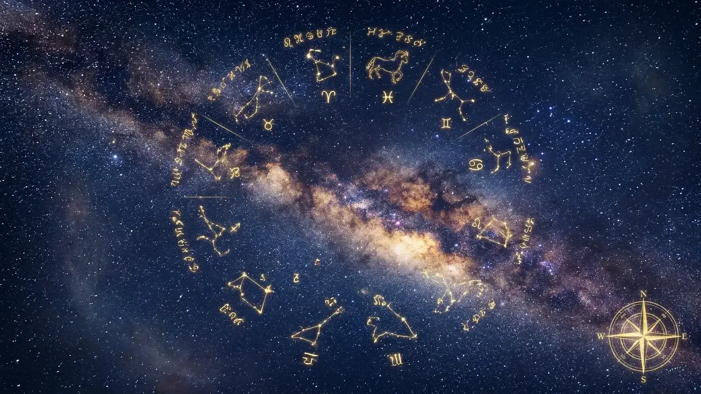 Ciel étoilé avec constellations du zodiaque et symboles astrologiques dorés