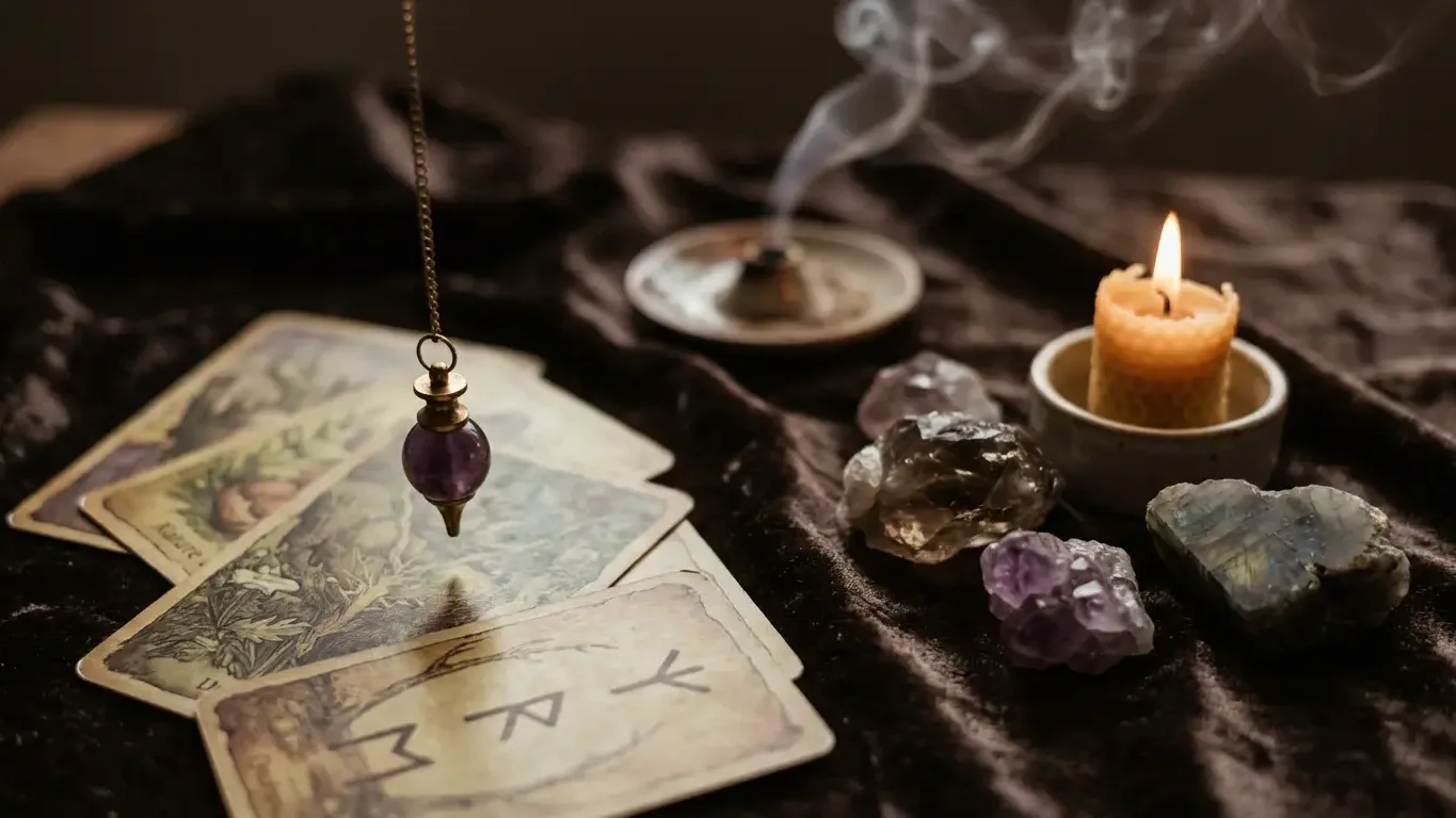 Pendule divinatoire, cartes oracle et cristaux dans une ambiance ésotérique douce