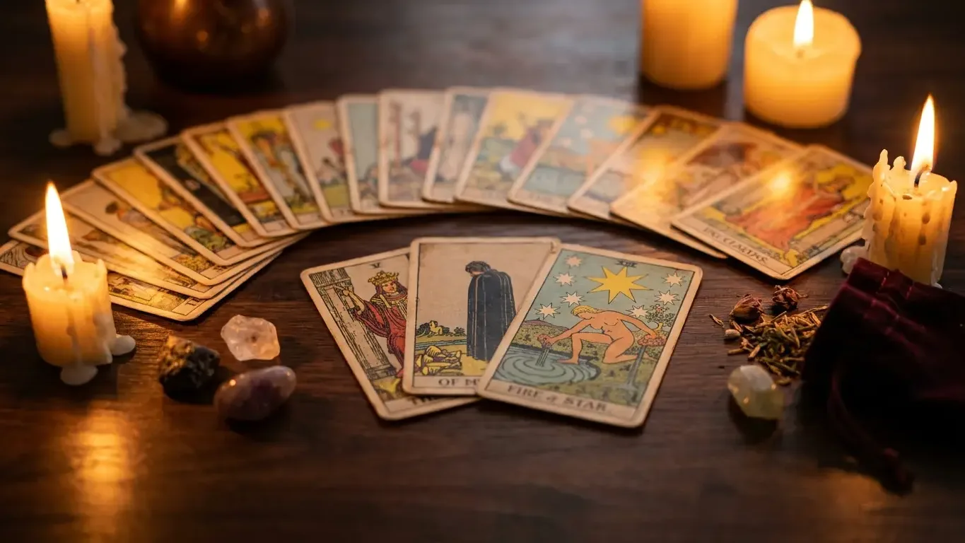 Cartes de tarot et bougies, ambiance ésotérique