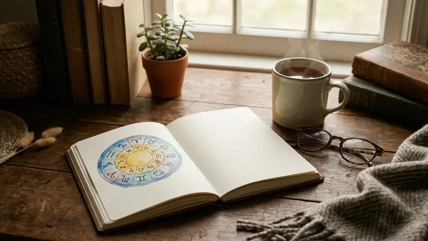 Journal astrologique et tasse de thé