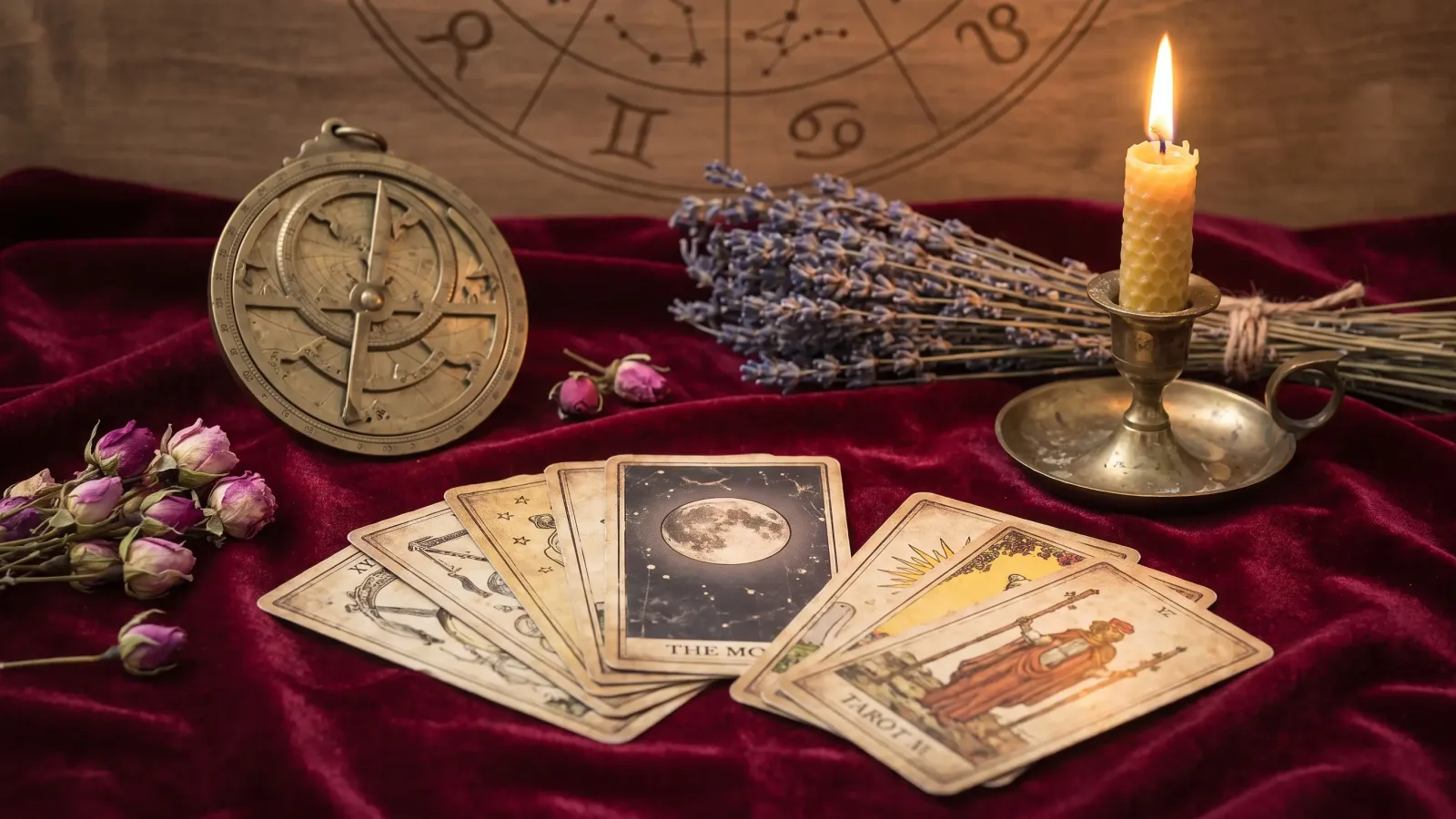 Cartes de tarot et astrolabe évoquant l’astrologie de Mercure rétrograde