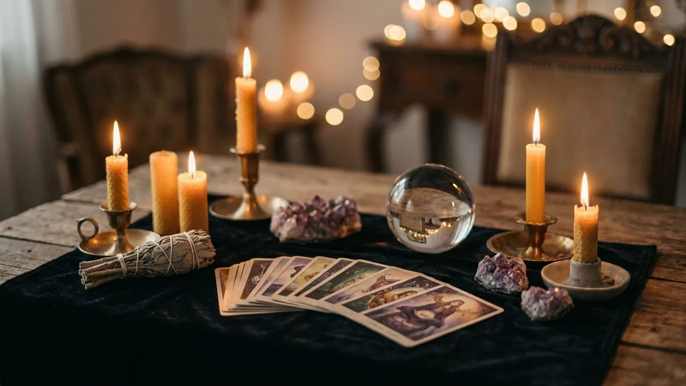 Bougies, oracle et boule de cristal dans une ambiance ésotérique douce