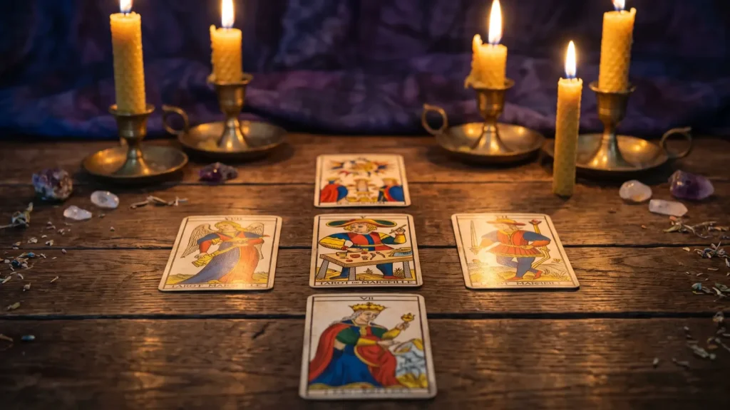 Tirage en croix de tarot disposé sur une table en bois